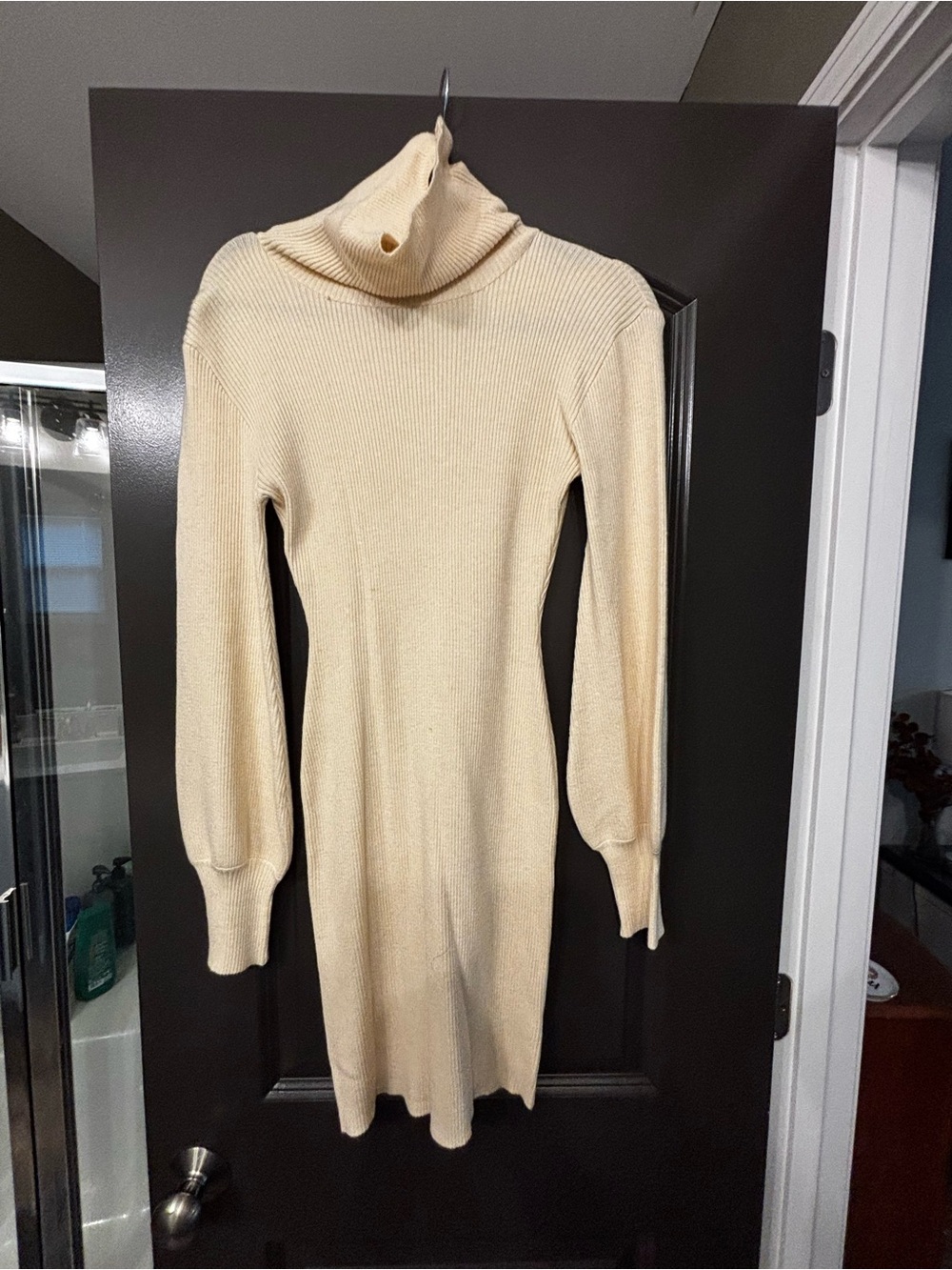 Pink Lily Cream Ribbed Turtleneck Sweater Dress